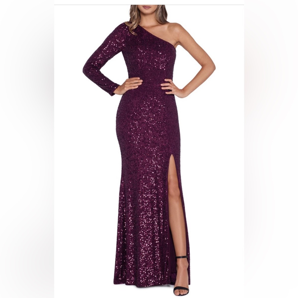 Xscape Sequin One-Shoulder Gown. Worn once and dry-cleaned. No alterations.